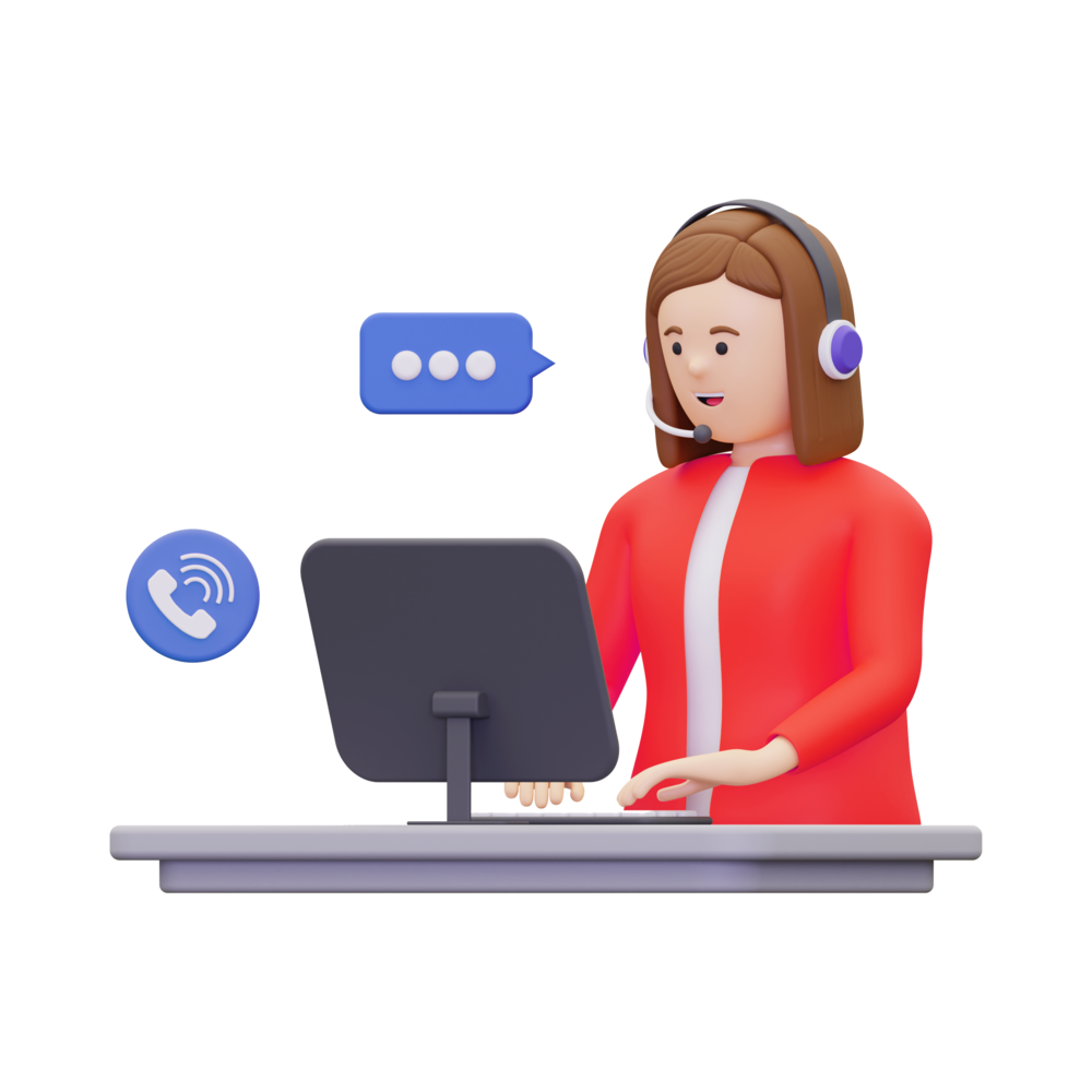 3D illustration of a customer support agent wearing a headset at a desk