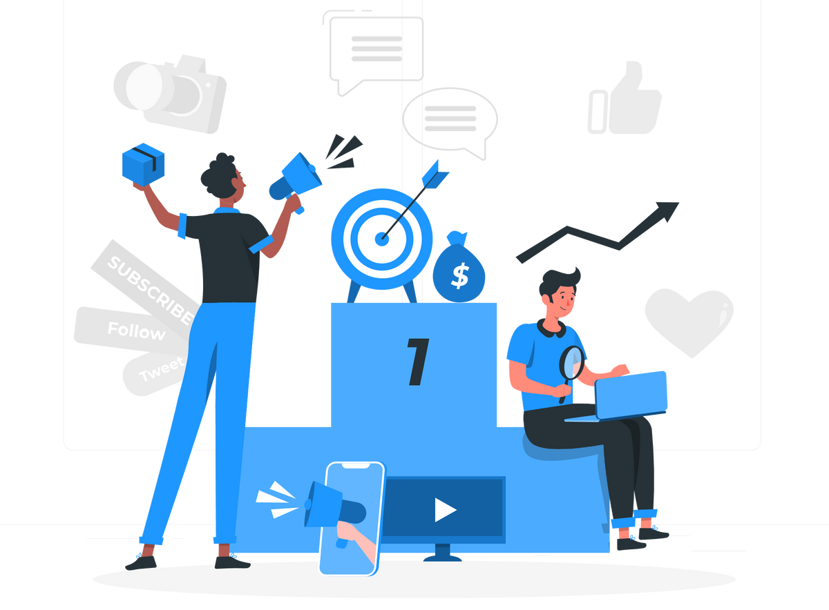 Illustration of a team celebrating marketing growth on a podium