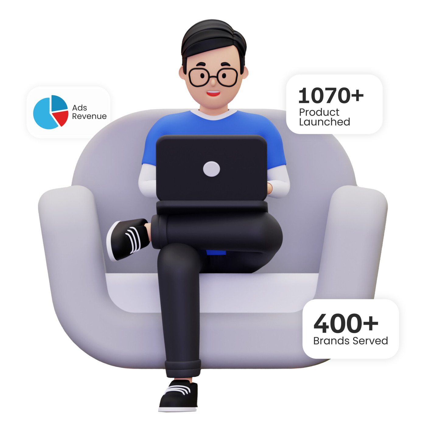 3D illustration of a man working on a laptop while sitting on a sofa